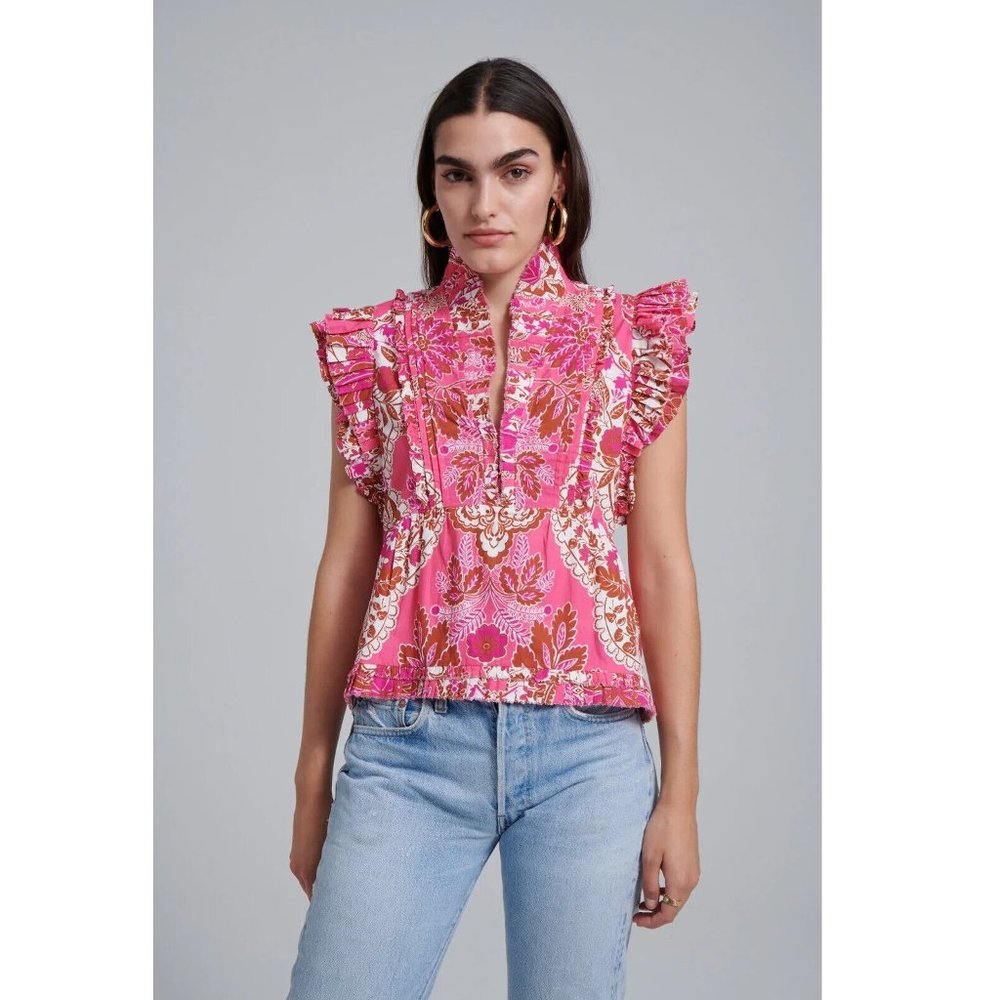 Anthropologie Love The Label Berna Blouse Top Ruffle Cotton Printed XS